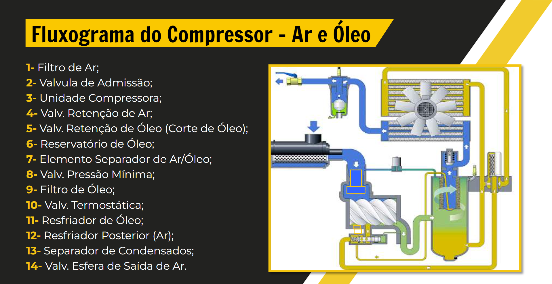 O funcionamento de um bom compressor parafuso - Na imagem um fluxograma do compressor ar e óleo